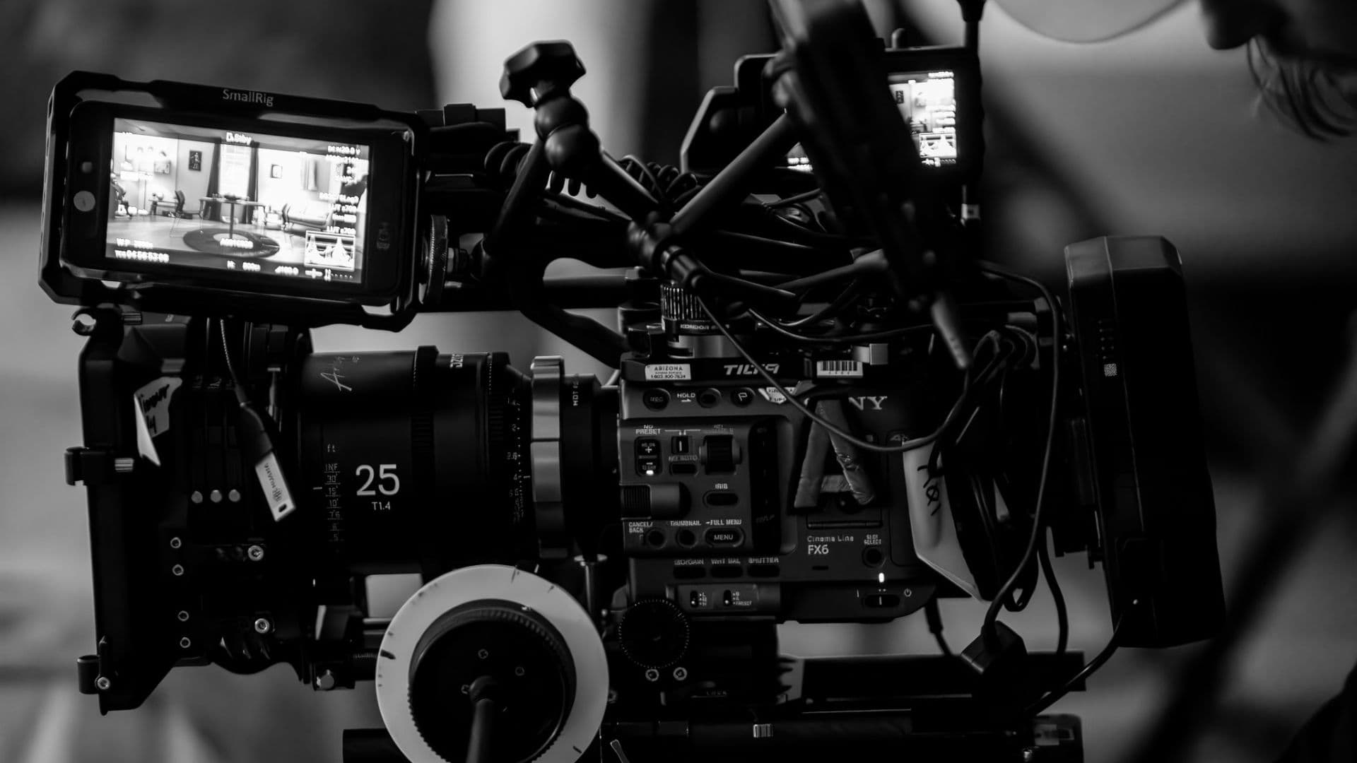 Built-up cinema camera rig with a matte box, follow focus and monitor