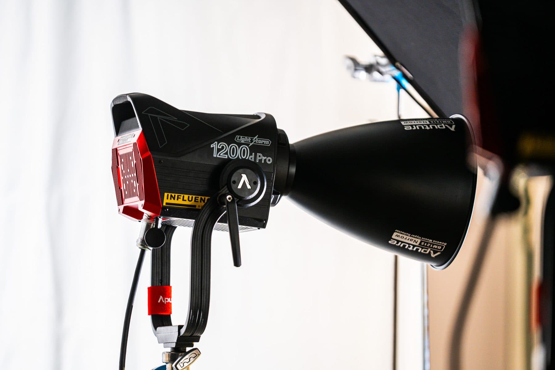Aputure LS 1200D Pro with a narrow reflector in front of a white backdrop